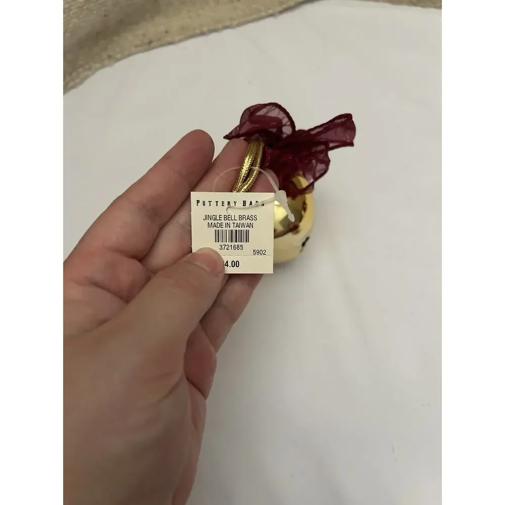 NWT Pottery Barn Jingle Bell Gold Brass With Red Bow Ornament 3